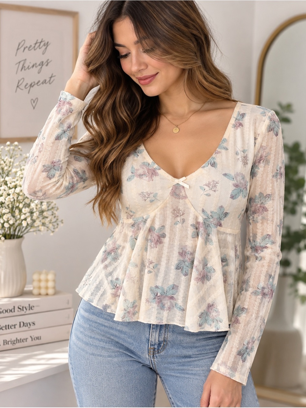RSQ Women’s Floral Mesh Peplum Top Size Small Long Sleeve Sheer Y2K Romantic